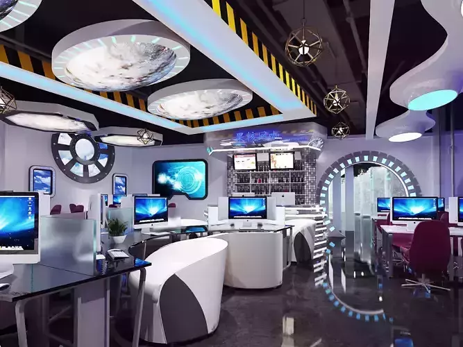 cybercafe futuristic office with computer desks and monitors 3D model