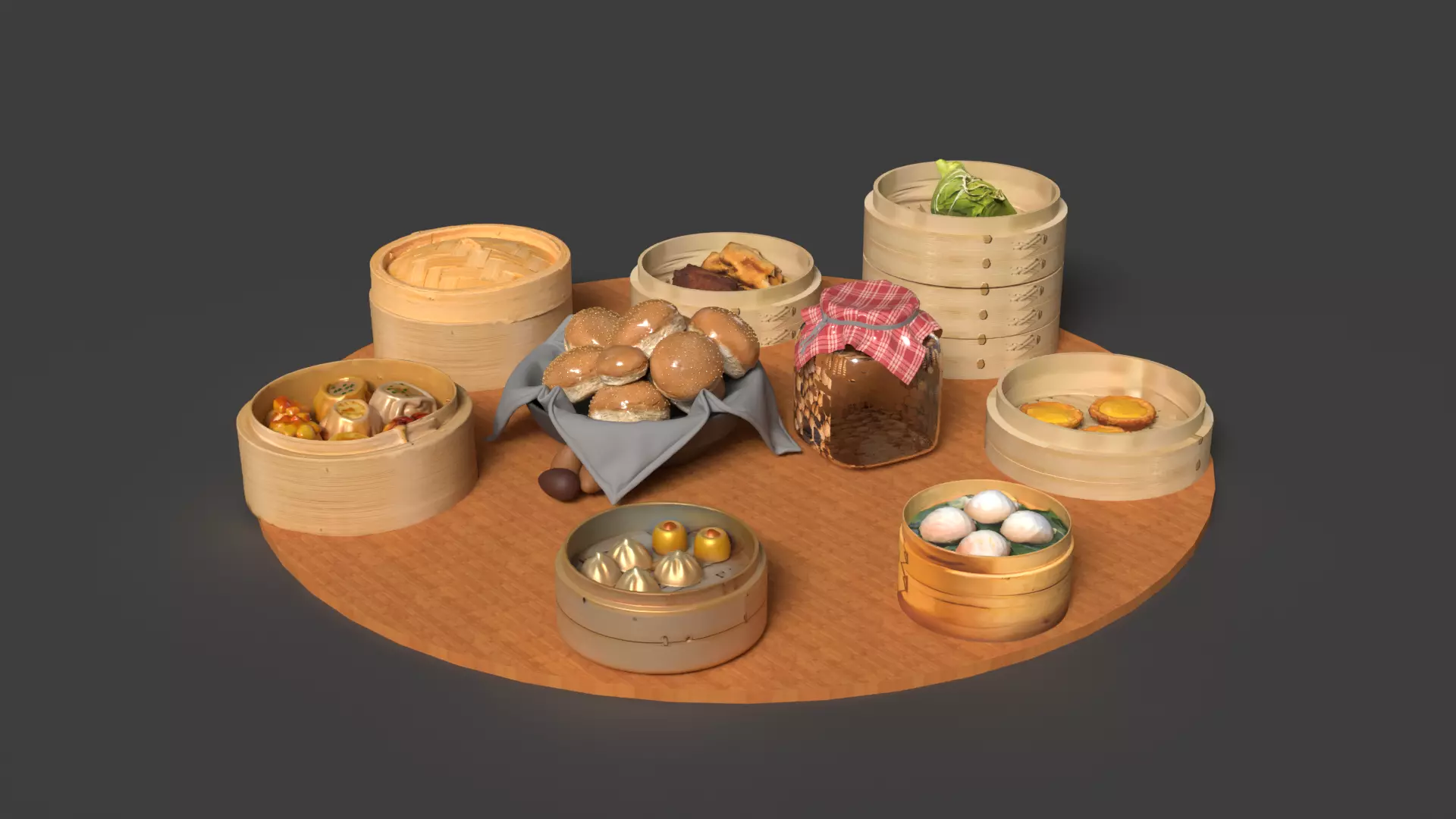 Chinese dim sum with bamboo steamer 3D model