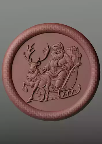 Santa rides with presents on a reindeer sleigh