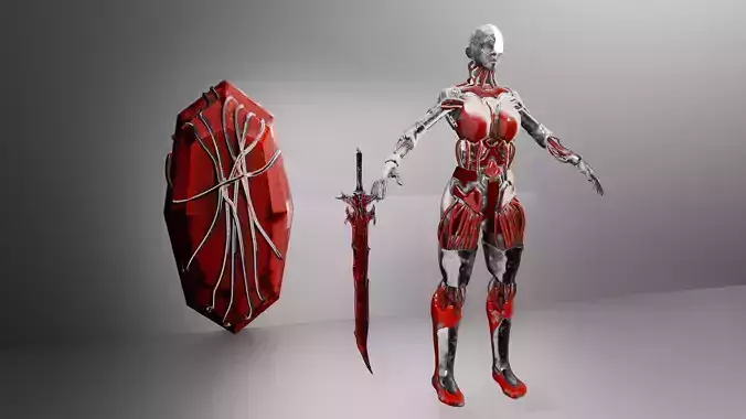 Cyborg Female Warrior SciFi Character With Sword And Shield
