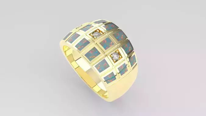 Gold Dome Signet Ring with Opal Inlay and Diamond Accents
