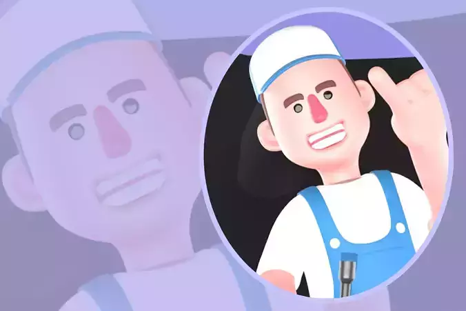 Stylized 3D Mechanic Sitting on Car Bumper - Cartoon