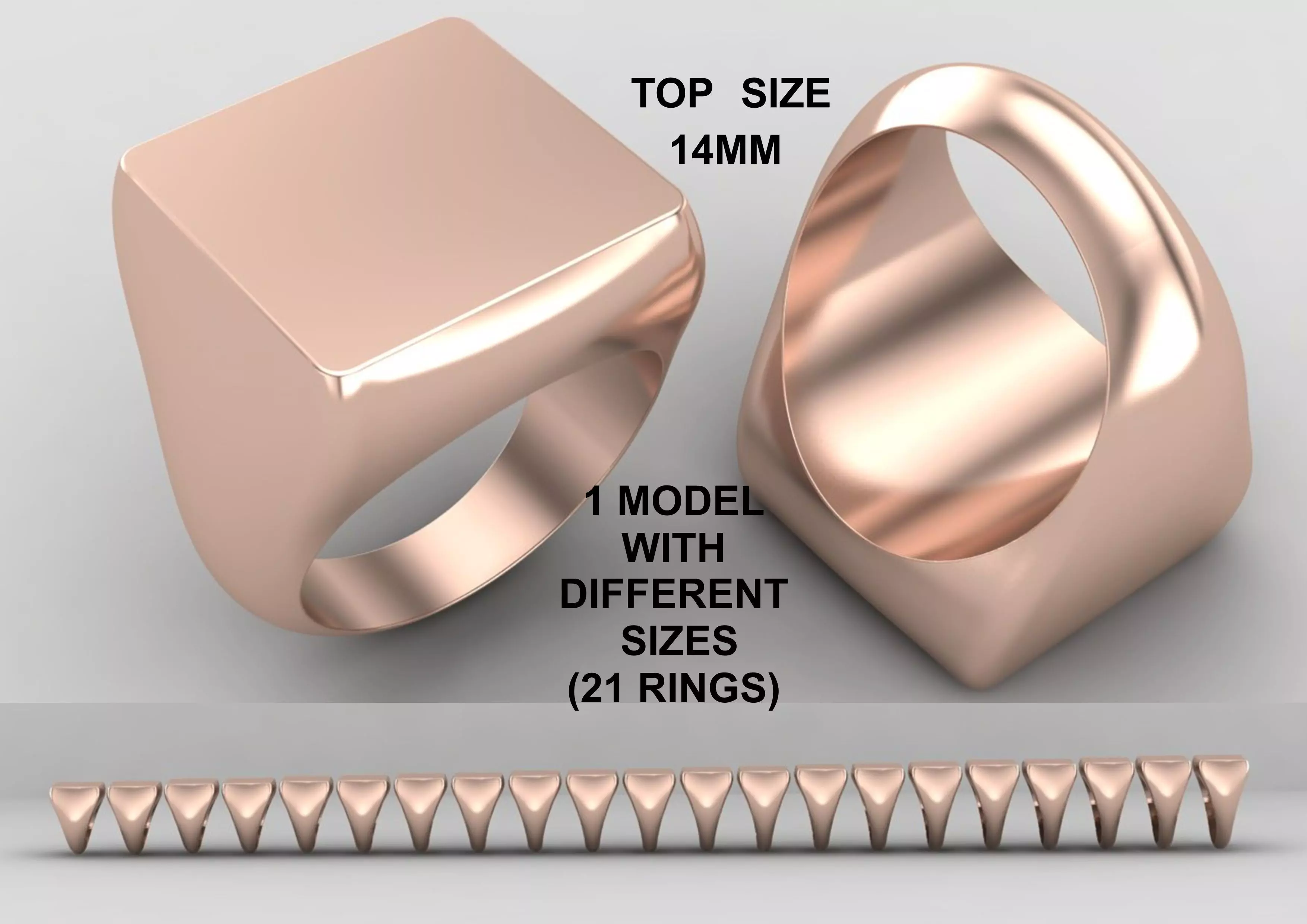 Square Signet Ring Base 14MM top in All sizes 207-MWC 3D print model