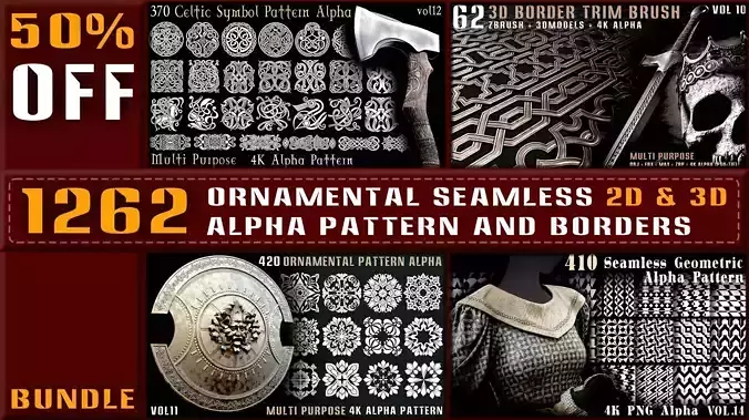 1262 Ornamental Seamless 2D and 3D Alpha Pattern and Borders
