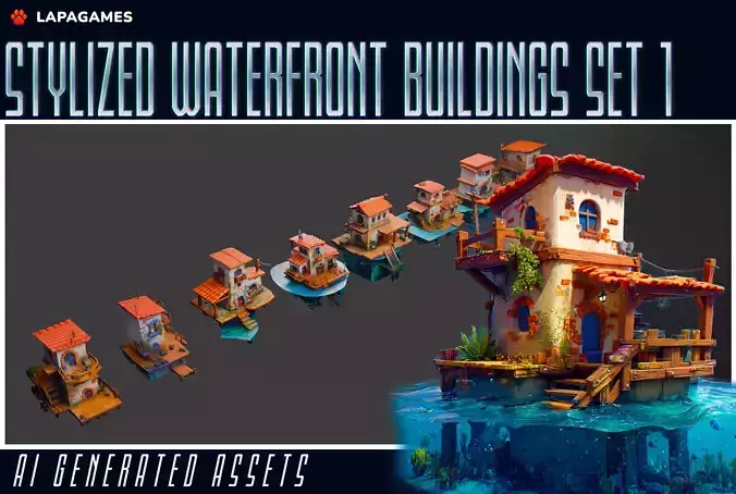 Stylized Waterfront Buildings Set 1