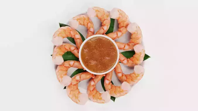 Shrimps on Plate with Sauce - Realistic Seafood Arrangement 3D model 3