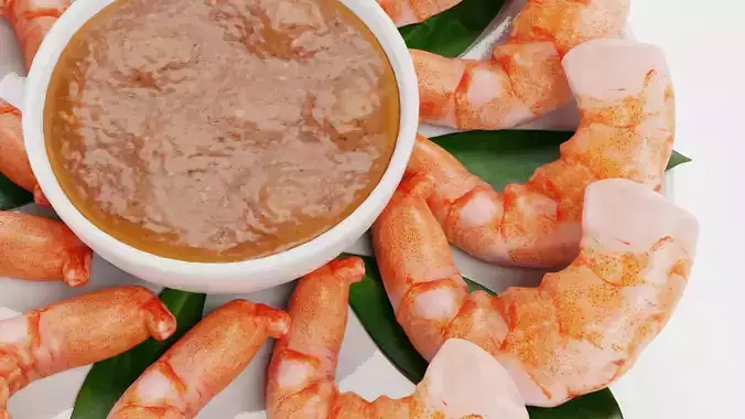Shrimps on Plate with Sauce - Realistic Seafood Arrangement 3D model 7