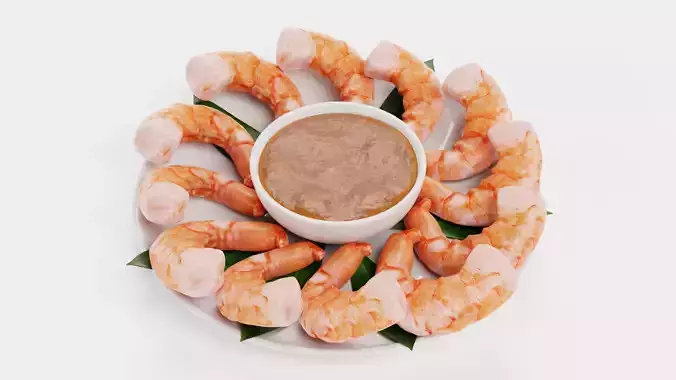 Shrimps on Plate with Sauce - Realistic Seafood Arrangement 3D model 4