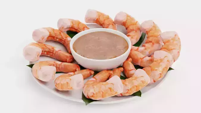 Shrimps on Plate with Sauce - Realistic Seafood Arrangement 3D model 5