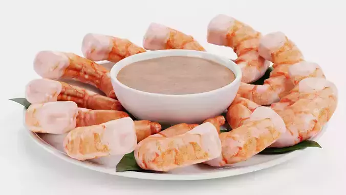 Shrimps on Plate with Sauce - Realistic Seafood Arrangement 3D model 6