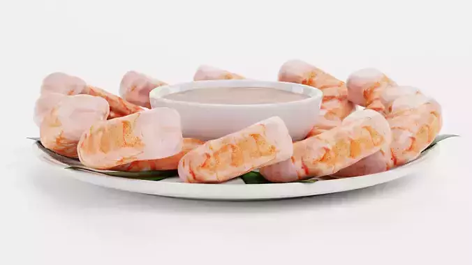 Shrimps on Plate with Sauce - Realistic Seafood Arrangement 3D model 2