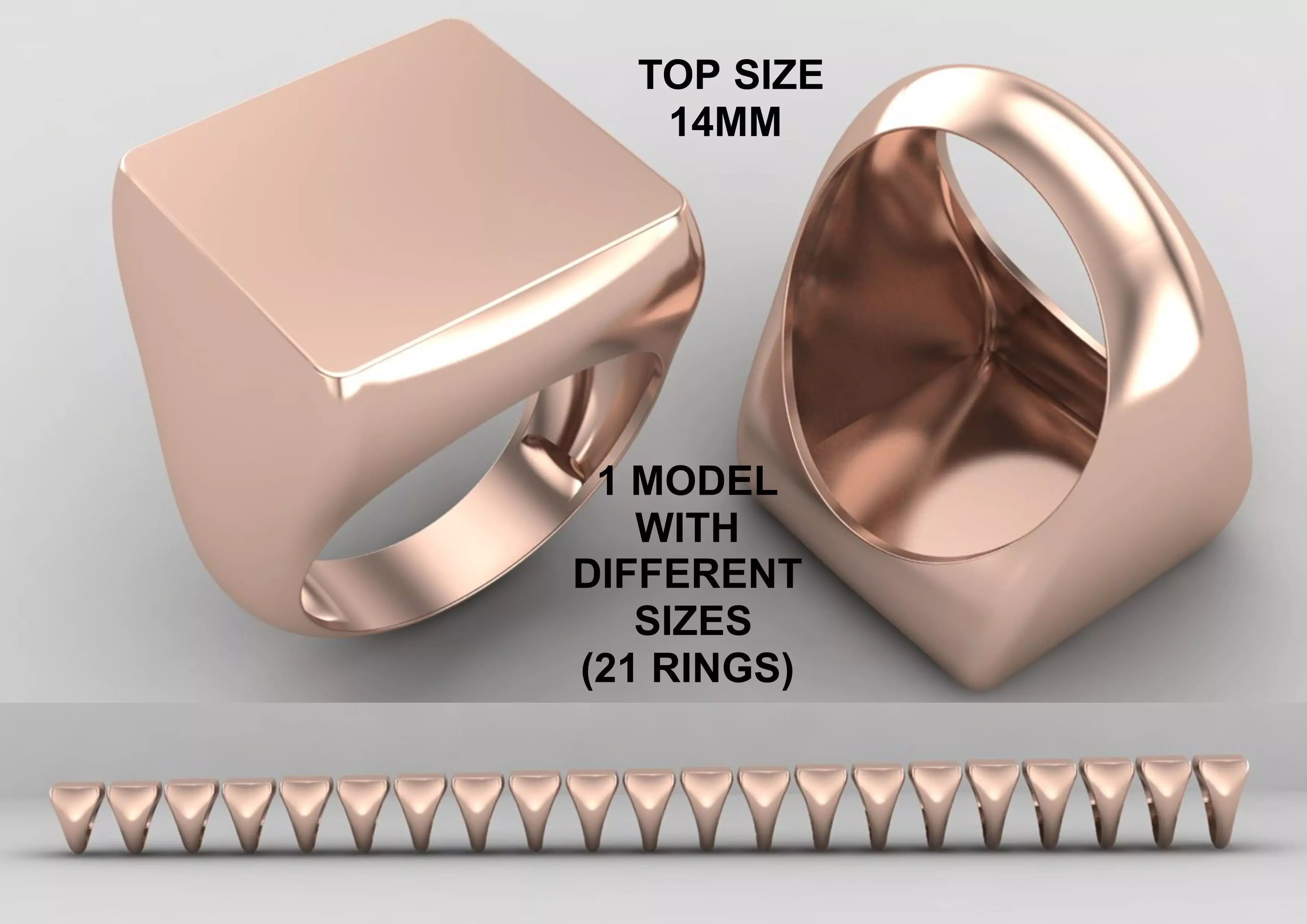 Square Signet Ring Base 14MM top in All sizes 208-MWC 3D print model