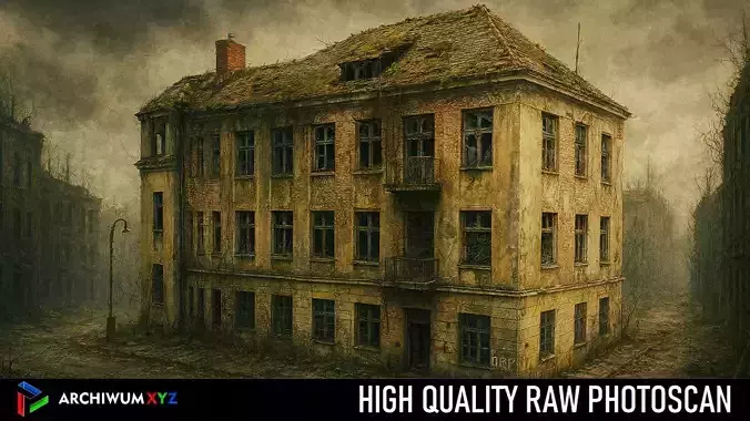 Abandoned tenement house with a damaged roof