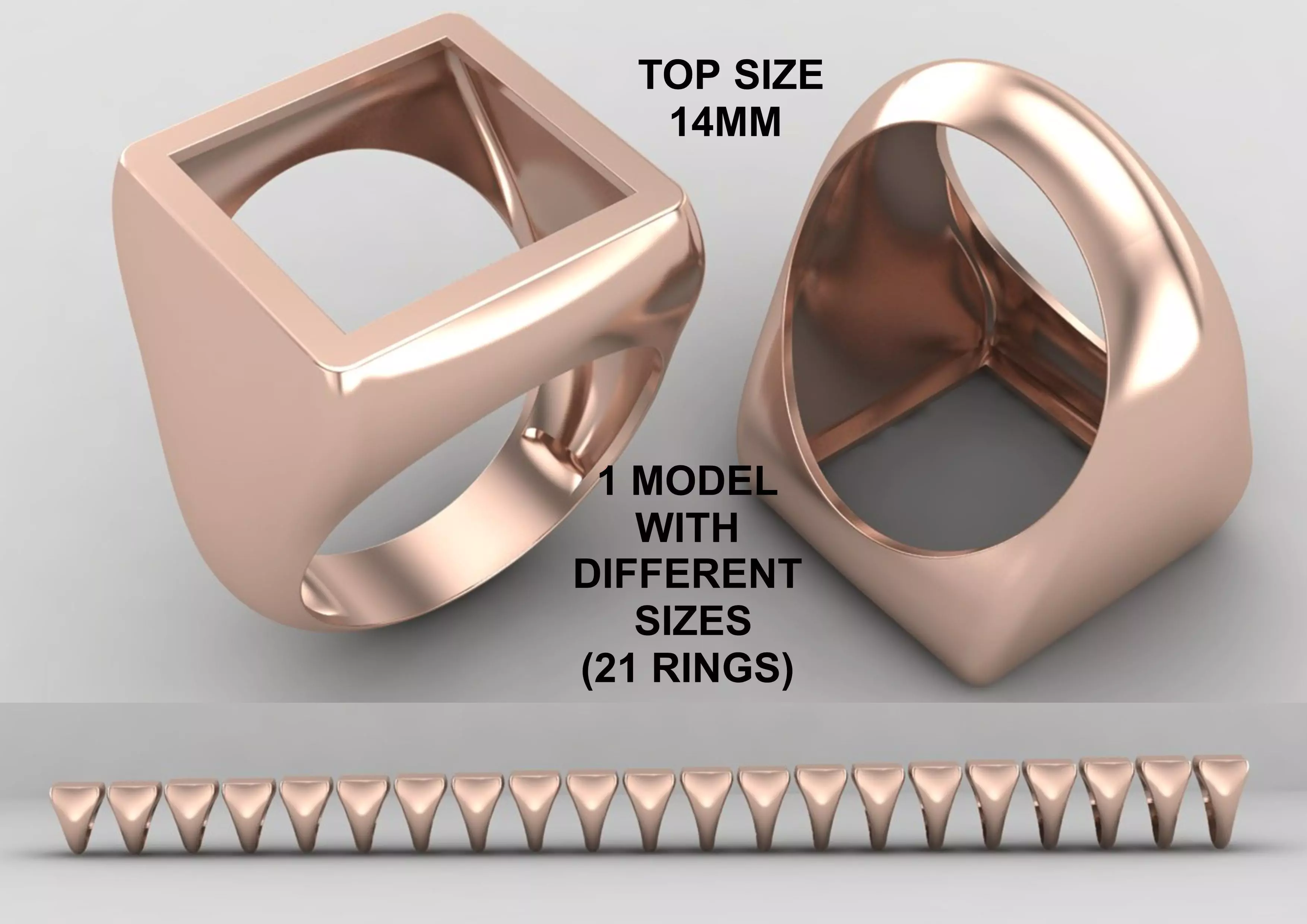 Square hollow Signet Ring Base 14MM top in All sizes 210-MWC 3D print model
