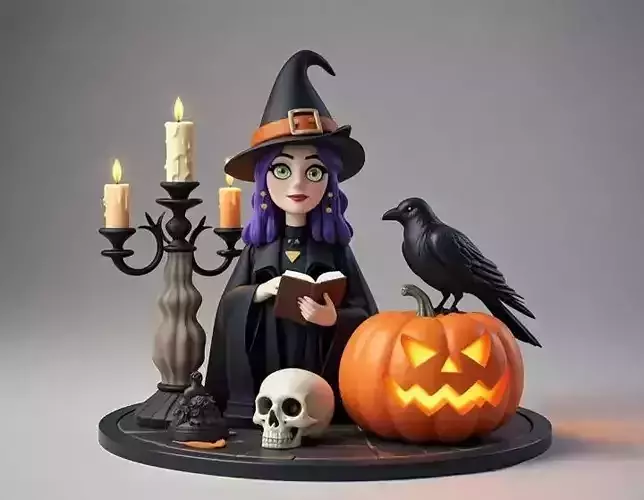 2951Witch with Spell book  Skull  Raven and Pumpkin  Color