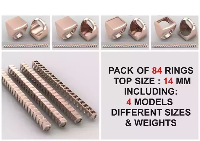 Square Signet Ring Base 14MM top in All sizes 211-MWCG 3D Model Collection