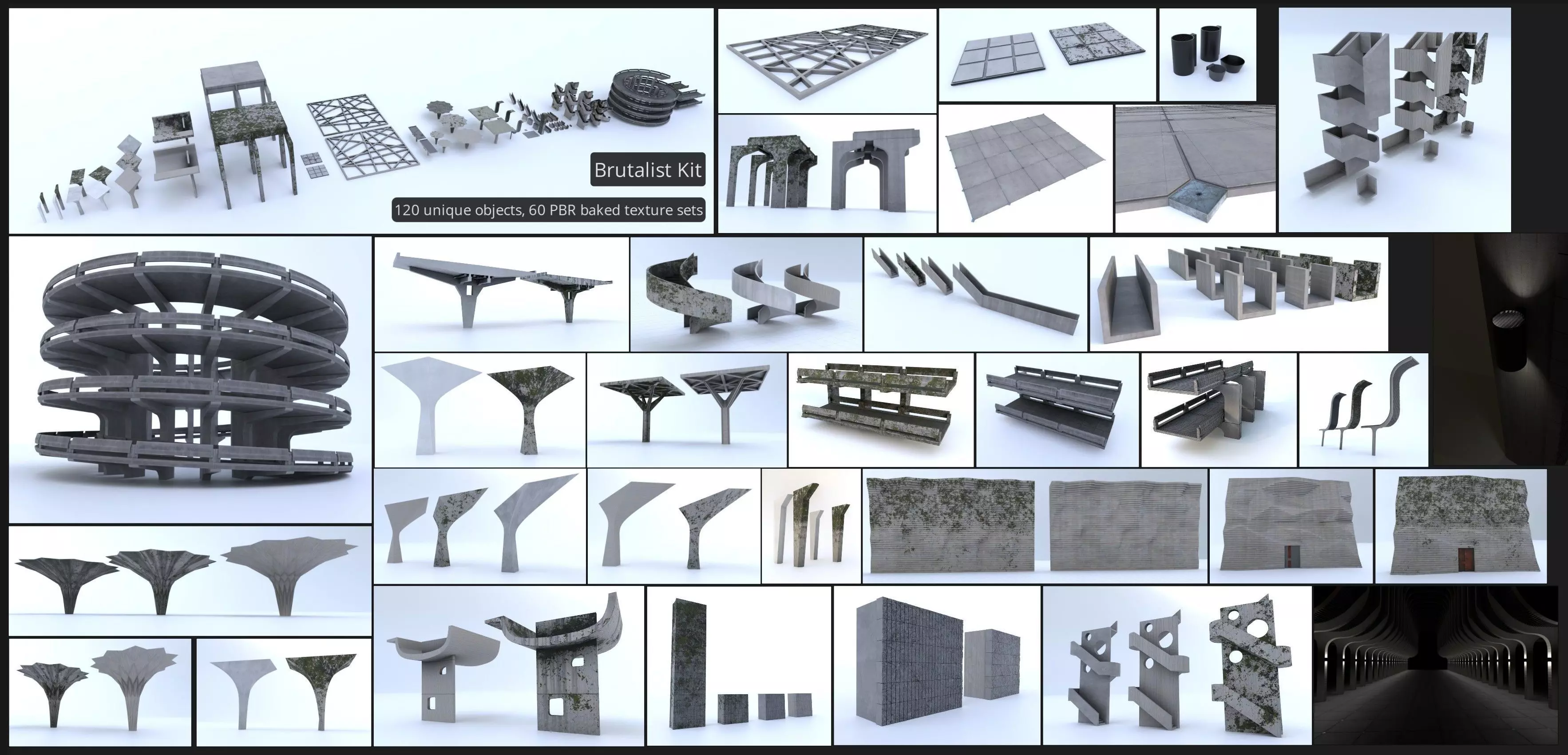 Set of Brutalist Structural Elements Low-poly 3D model