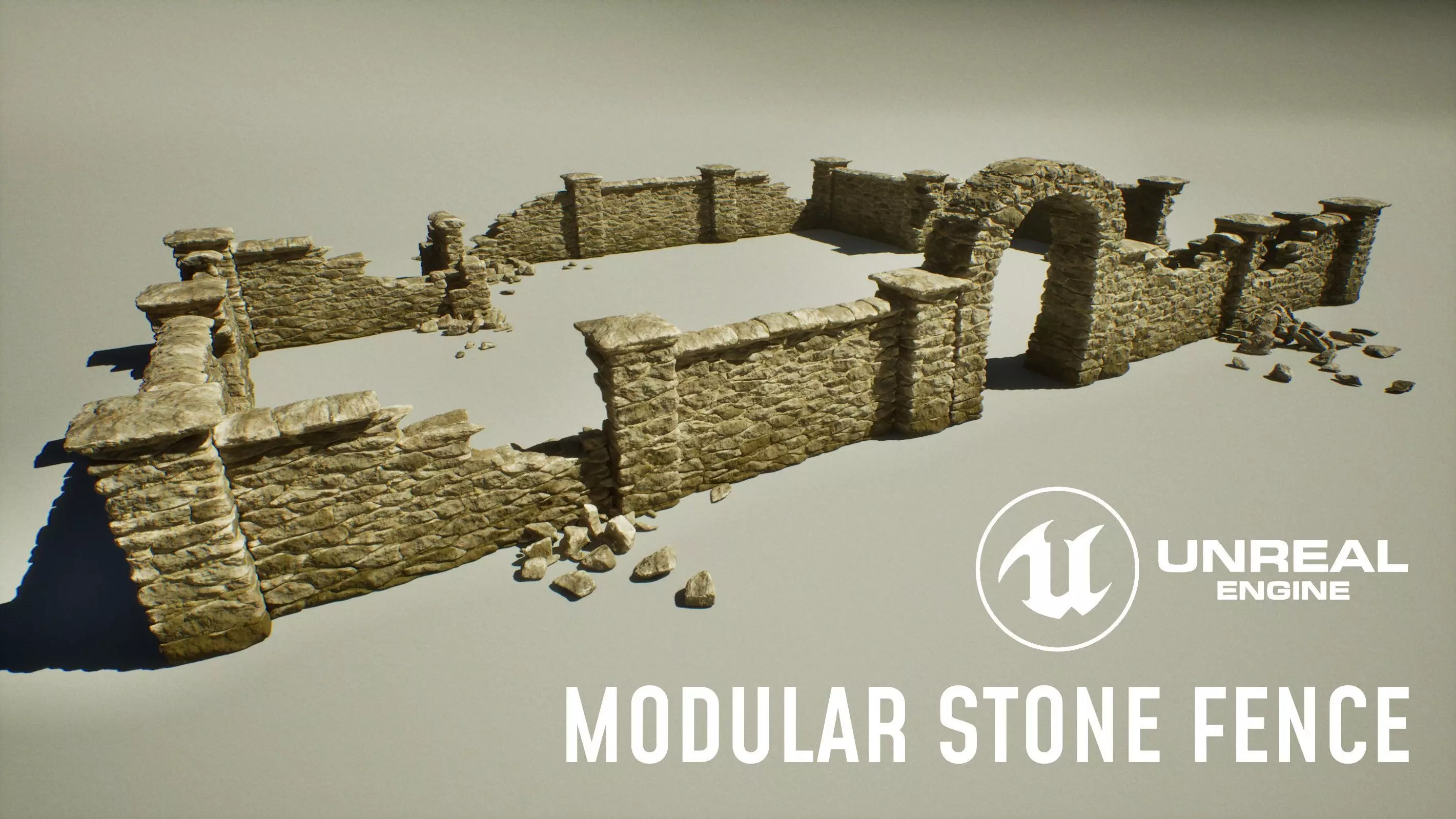 Modular Stone Fence Gameready Low-poly 3D model