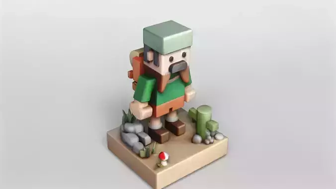 Voxel Backpack Adventurer Stylized Low-Poly Character