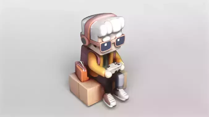 Stylized Gamer Kid Sitting on Wooden Block 3D Character Model
