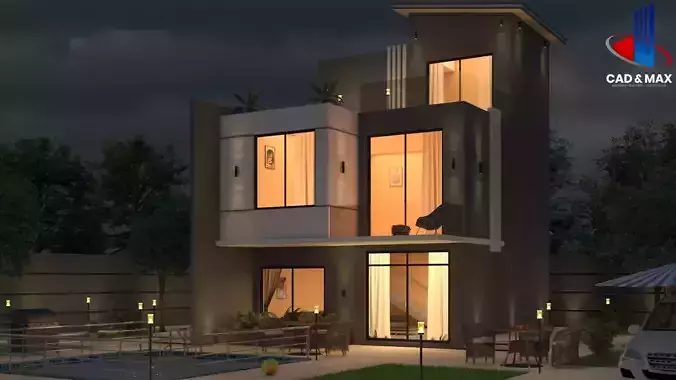 Ultra Realistic Modern Villa Exterior Day-Night Vision 3D Model