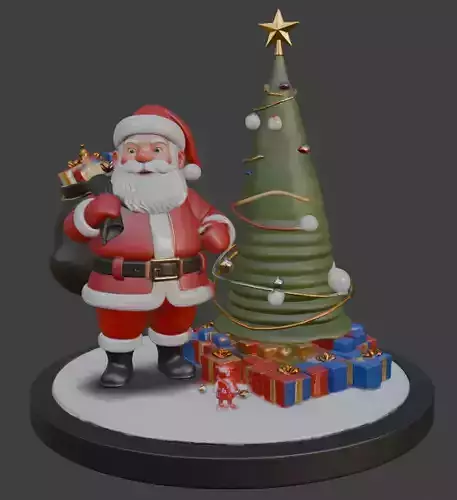 Santa Claus with Christmas Tree and Gifts 3D Print Model