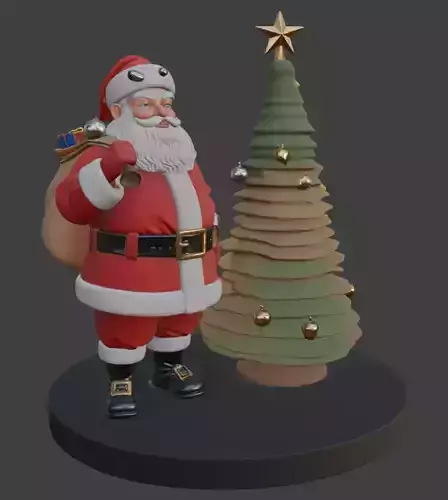 Santa Claus with Christmas Tree and Gifts 3d Model Print