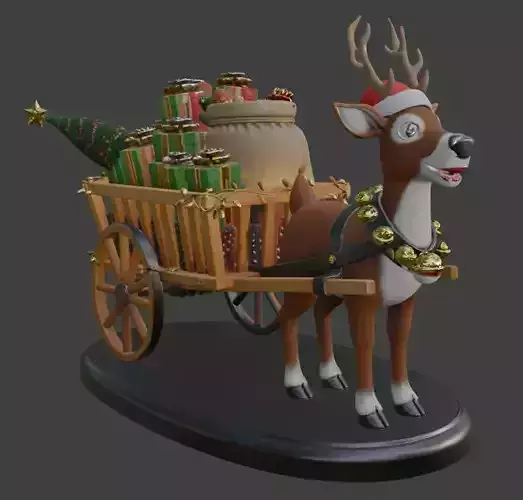 Christmas Reindeer Pulling Gift Cart with Tree 3d Print