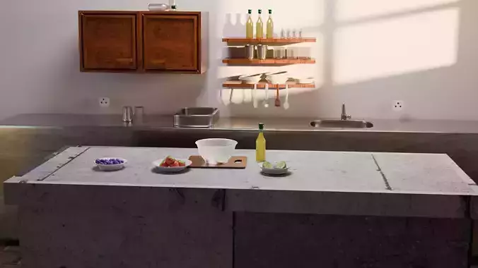 Stainles Steel Counter Cabinets Sink Kitchen Props 3D model