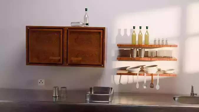Stainles Steel Counter Cabinets Sink Kitchen Props  3D model 2