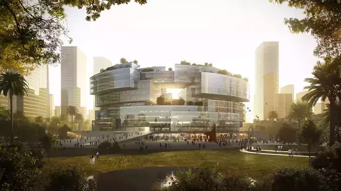 Circular Civic Center Complex with Waterfront Plaza