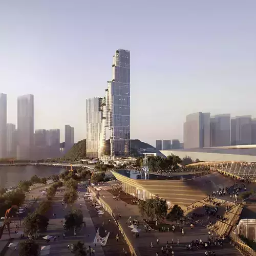 Waterfront Cityscape with Landmark Glass Tower and Promenade