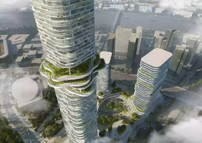 Organic Skyscraper Complex with Sky Gardens and Riverside City