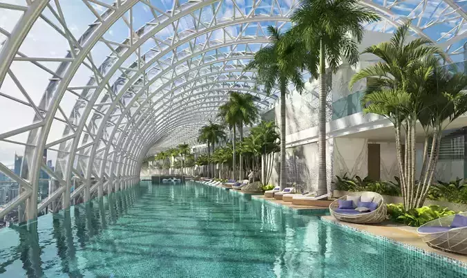 Luxury Rooftop Glass Atrium Pool with Tropical Lounge
