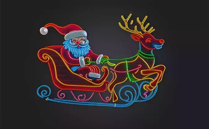  Santa And Reindeer Neon Sleigh Ride 3D Wall Art Printable