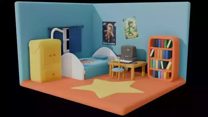 Cute Isometric Kids Bedroom Room Stylized 3D Interior Scene