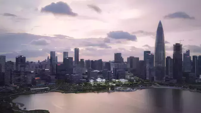 Futuristic Waterfront Cityscape with Landmark Tower
