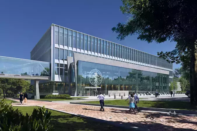 Modern Civic Courthouse Exterior with Glass Skybridge