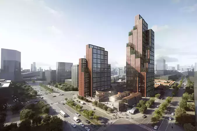 Modern City Complex with Green Facades