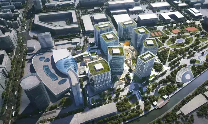 Modern Business District with Park and Cultural Center