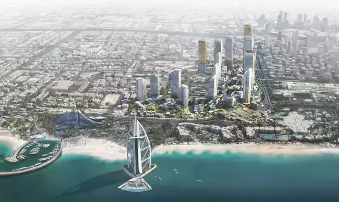 Luxury Coastal Cityscape with Highrise Towers and Beachfront