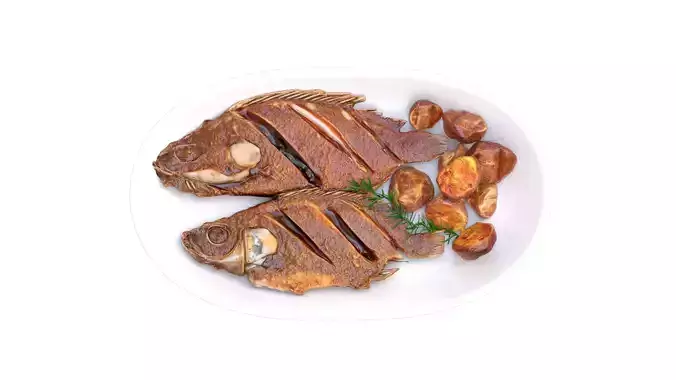FRIED FISH WITH POTATOES Low-poly 3D model