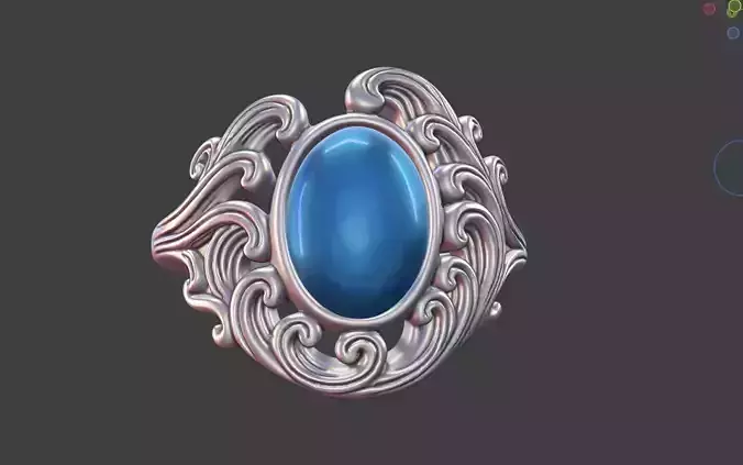 SCROLLWORK WAVE RING WITH OVAL CABOCHON