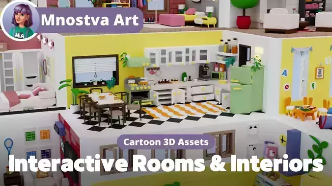 Cartoon Interactive Rooms and Furniture - Cozy Interior Pack Low-poly 3D model