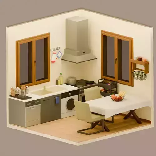 Stylized Isometric Kitchen Mid Poly 3D Scene