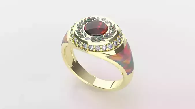 Laurel Wreath Signet Ring 3D Model Opal Inlay and Diamond Halo