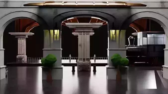 Oldfashioned Train Station with Train