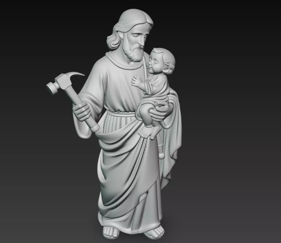 Holy Carpenter and Child - Sacred Religious Sculpture 3D Model 3D print model