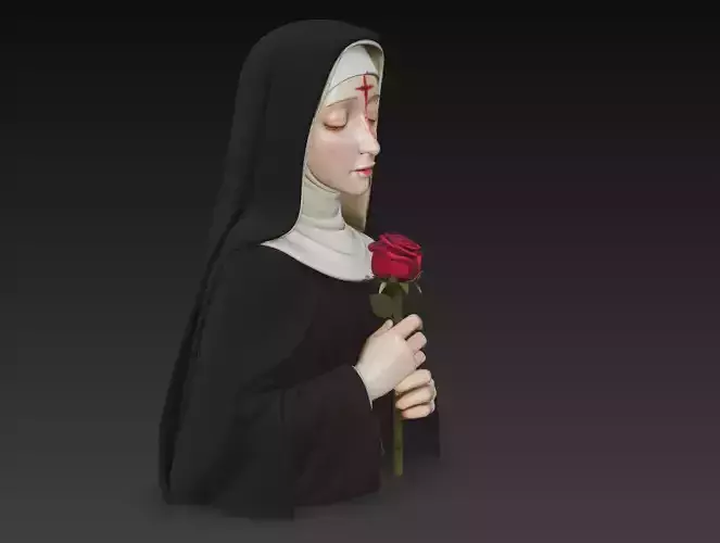 Saint Nun with Rose - Peaceful Devotional Bust 3D Sculpture