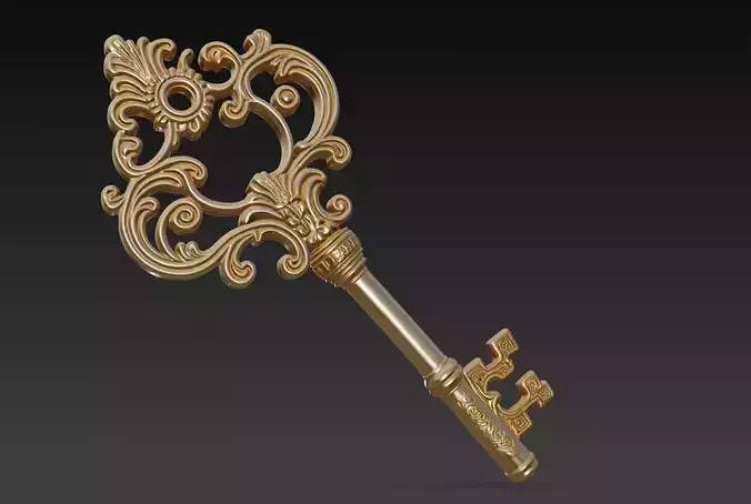 Golden Ornate Key - Elegant Baroque Decorative 3D Model